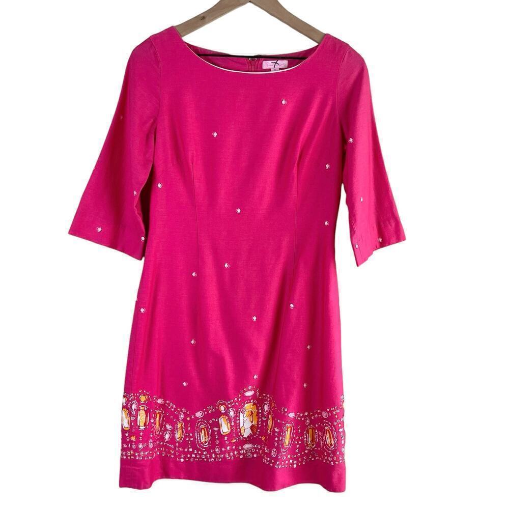 Lilly Pulitzer Fools Jewels Daiquiri Pink Rhinestone Sheath Dress 3/4 Sleeves, 6